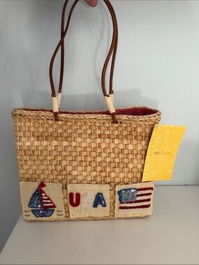 QVC Style Straw Tote with Red, White & Blue Sequin Accents Vintage Sailboat Flag